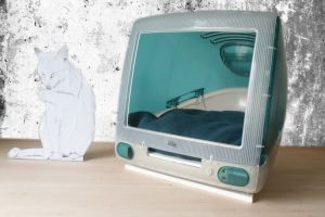 Een kussen gemaakt van groen Vlaams linnen voor een omgebouwde iMac. De kussenhoezen hebben allemaal ritsen, zodat ze van het binnenkussen gehaald kunnen worden en uitgewassen kunnen worden | Naai- en verstelwerk